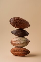 A balanced stack of four cocoa pods arranged vertically on a beige background. - obrazy, fototapety, plakaty