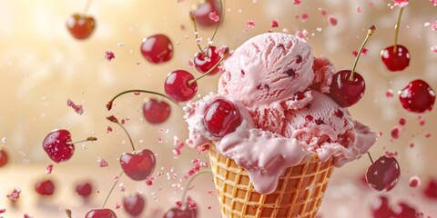 Cherry ice cream in a waffle cone close-up and flying cherries, summer creative concept