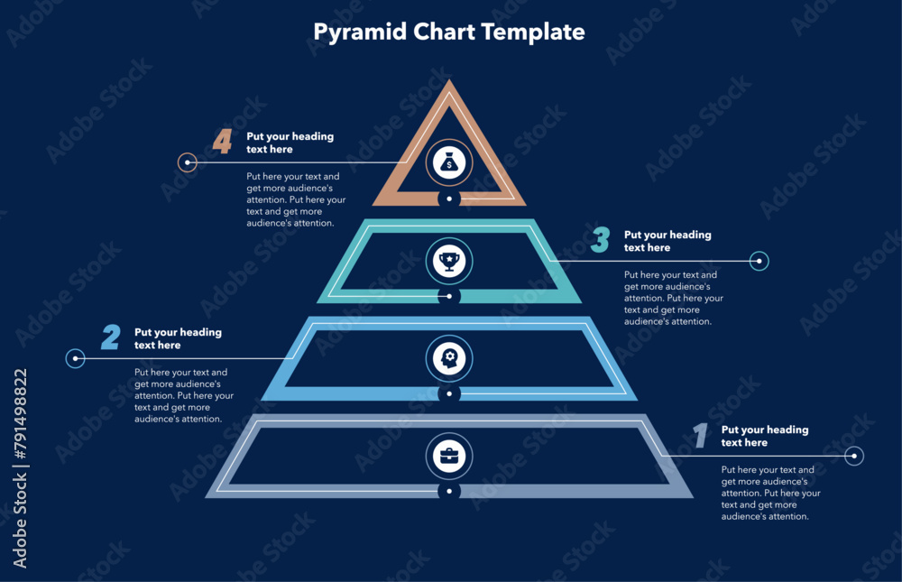 Poster Triangle pyramid chart template with 4 sections - dark version. Infographic diagram divided into four parts with numbers and icons.
