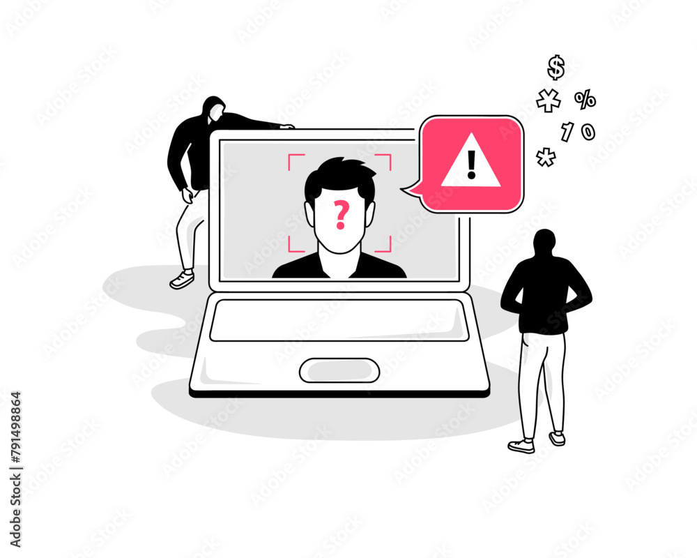 Poster Deepfake attack symbol with a laptop computer and a manipulated fake video. Flat design, easy to use for your website or presentation.