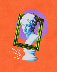 Contemporary art collage. Classical statue in blue tones in ornate picture frame against purple...