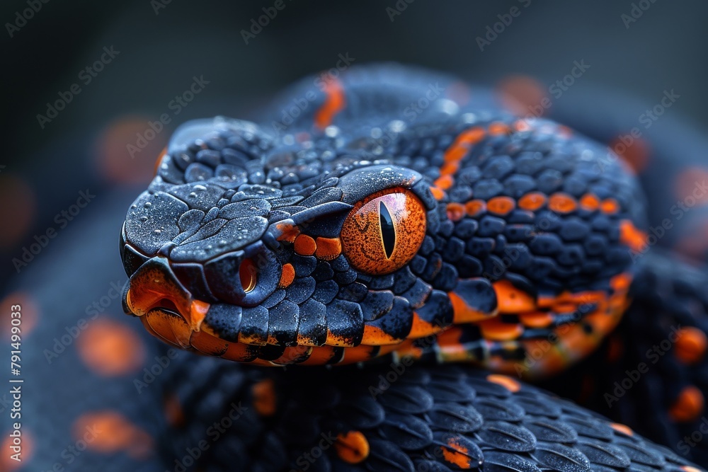 Poster macro image capturing the textured wet scales of a black snake with contrasting orange spots