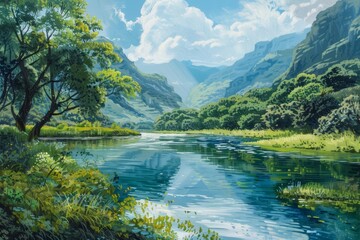 A tranquil river meandered through a lush valley, its surface reflecting the vibrant greens and soft blues of a peaceful summer day
