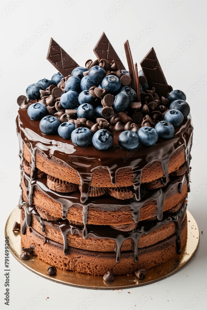 Sticker decadent chocolate cake layered with blueberries and drizzled with chocolate ganache.