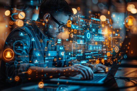 Person engages with a laptop surrounded by complex digital networks and information flows