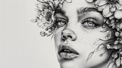 A drawing of a woman with flowers in her hair, AI