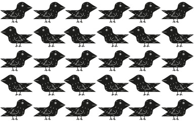 Fototapeta premium Seamless pattern with Doodle Woodcut birds in trend Brazilian Cordel style. Simple black Birds ornament. Folk vector aesthetic can used textile, wall print. Editable stroke.