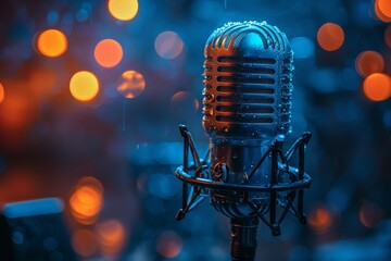 Classic silver microphone with a blurred background of bright bokeh lights in a music studio