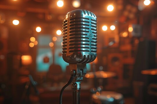 A vintage microphone illuminated by warm ambient lighting in the foreground of a music studio