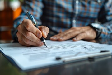 Focused image of a man's hand filling out paperwork, with a clear view of a signature and pen