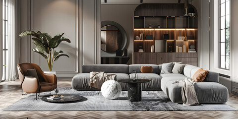 modern living room, Luxury living room interior with sofa coffee table bookshelf and carpet 3d render. 