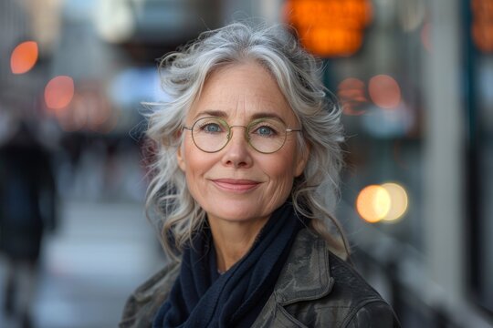 An elegant older woman with silver hair and circular glasses on a city street