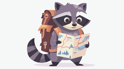Cute raccoon reading paper map going on trip 