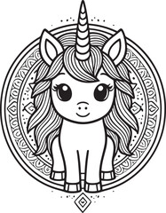 Cartoon cute unicorn horse Mandala pattern drawing cute lines, kawaii illustration © Bikibaam75