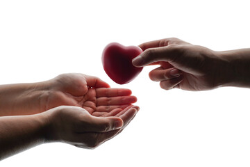 Adult hands giving a red heart, health care, organ donation, family life insurance, world heart...