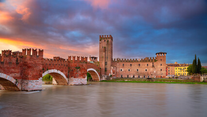 Verona, Italy. Cityscape image of beautiful Italian town Verona with the Castelvecchio Bridge over...