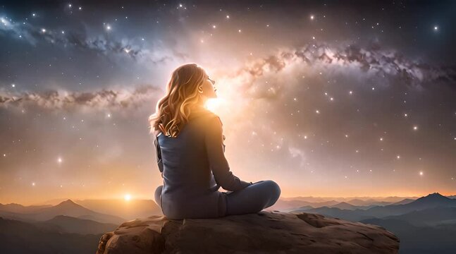 Human meditating under swirling galaxy, symbolizing the connection between cosmic energy and the vast potential of the human mind