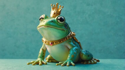 A thought-provoking image of a frog with a crown, symbolizing contemplation and sovereignty in a minimalist setting - obrazy, fototapety, plakaty