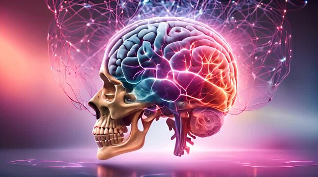Abstract brain floating with skull, its intricate neural pathways glowing with vibrant colors, as psychic waves emanate outwards, connecting with other minds