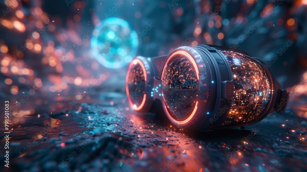 Poster design a dynamic composition showcasing vr goggles, with ai animations projecting lifelike scenarios