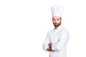 Portrait with copy space, empty place for advertisement, product of harsh virile chef cook with...