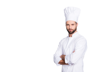 Portrait with copy space, empty place for advertisement, product of harsh virile chef cook with stubble in beret, white outfit having his arms crossed, isolated on grey background