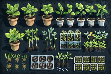Illustrate the different methods of seed propagation, such as direct sowing, transplanting, and using seedling trays, in a visually informative way.