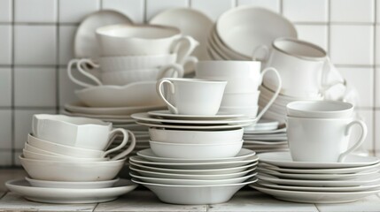 A collection of white ceramic dishes and cups neatly stacked on a countertop.