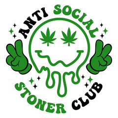 Anti Social Stoner Club with smiley face, Funny Marijuana t-shirt design, Cannabis t-shirt design,stoner t-shirt design, Weed graphics