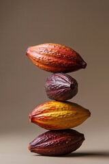 A stack of four colorful cacao pods arranged vertically against a neutral background. - obrazy, fototapety, plakaty