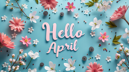 Fototapeta na wymiar Vibrant Hello April greeting surrounded by colorful spring flowers.