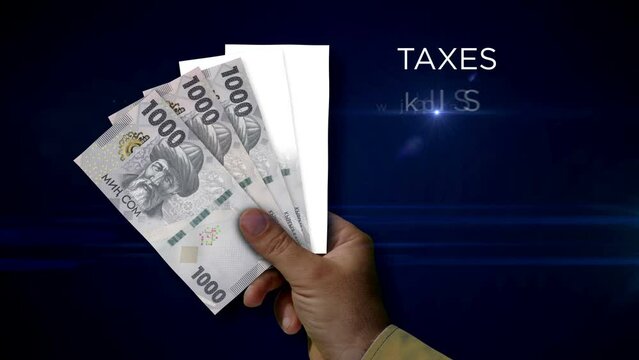 Kyrgyzstan som money holding. Fan of banknotes in hand. Kyrgyz KGS paper cash. Concept of income, success, business, tax, economy and finance.
