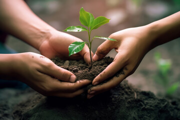 nature and sustainability concept of hands hold little green or seeding plants with soil for cultivation. Generative AI.