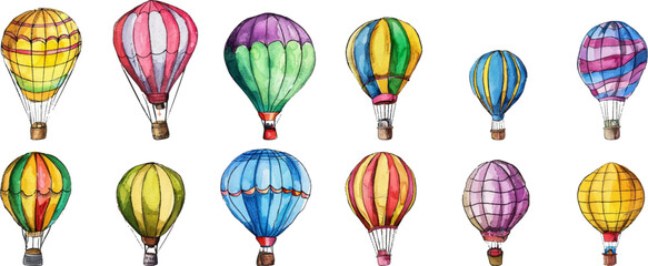 Set of colorful hot air balloons in a childish style drawn on a white background.