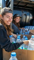 A group of cheerful volunteers busily filling cardboard boxes with water bottles outside a truck,