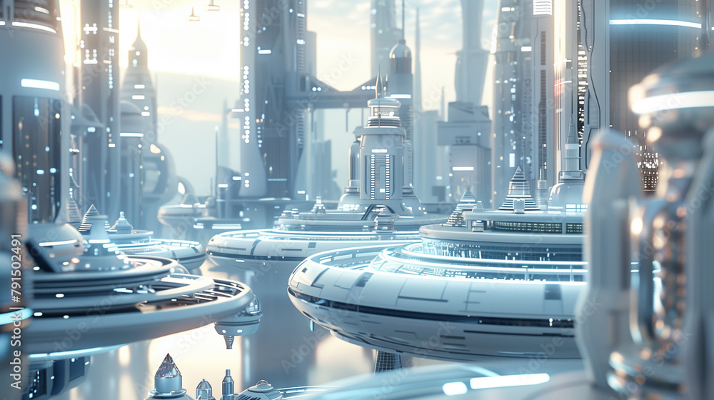 Poster a futuristic cityscape with many buildings and spaceships. the scene is one of wonder and excitement