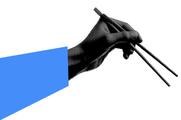 Trendy hand holding chopsticks, abstract cutout hand halftone collage element for design montage