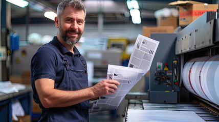 Professional Printer at Work: Smiling Man Operating Modern Machinery