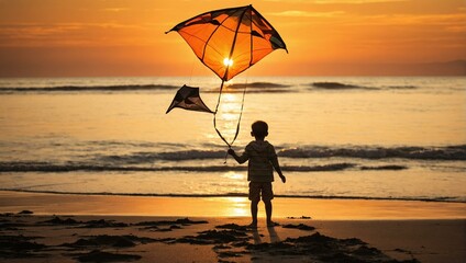 A small boy stands alone on the beach, holding kites against a shimmering sunset, with warm tones reflecting off oceanwater