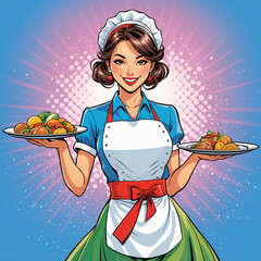 Pop art cartoon, smiling woman waitress carrying two plates with food