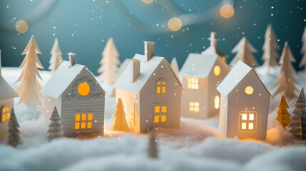 Fototapeta premium Houses lined a snowy street, their windows glowing warmly, cut from paper to create a quaint, peaceful winter village scene