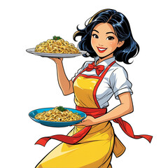 Pop art cartoon, smiling Asian woman waitress carrying two large plates with pasta, isolated on white background