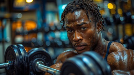 With his eyes set on his fitness goals, a determined man focuses on his workout routine, leaning on - obrazy, fototapety, plakaty