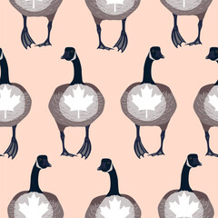 Canada goose bird with Canadian flag maple leaf on its chest, seamless pattern. Vector illustration.