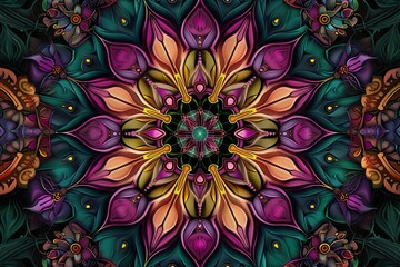 An intricate mandala composed of various floral elements and symmetric patterns. - obrazy, fototapety, plakaty