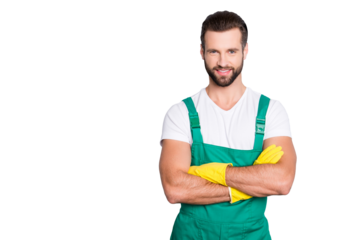 Portrait with copy space, empty place for advertisement, product of cheerful joyful man with stubble in uniform having arms crossed, looking at camera, isolated on grey background