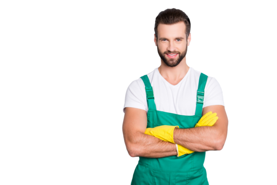 Portrait with copy space, empty place for advertisement, product of cheerful joyful man with stubble in uniform having arms crossed, looking at camera, isolated on grey background - Powered by Adobe