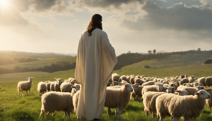 Shepherd Jesus Christ leading the sheep horde and guiding them (symbolical picture)
