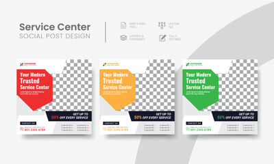 Service center social media post for tech, phone, desktop & car repair banner ads. Professional servicing center social media flyer layout design. Vol - 1