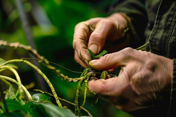 An image showcasing the delicate process of plant grafting, with skilled hands carefully joining two different plants to create a new hybrid.